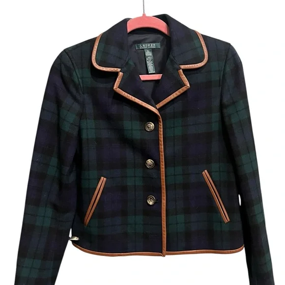 Ralph Lauren Women's Navy Blue, Green Plaid Jacket with brown leather trim acc